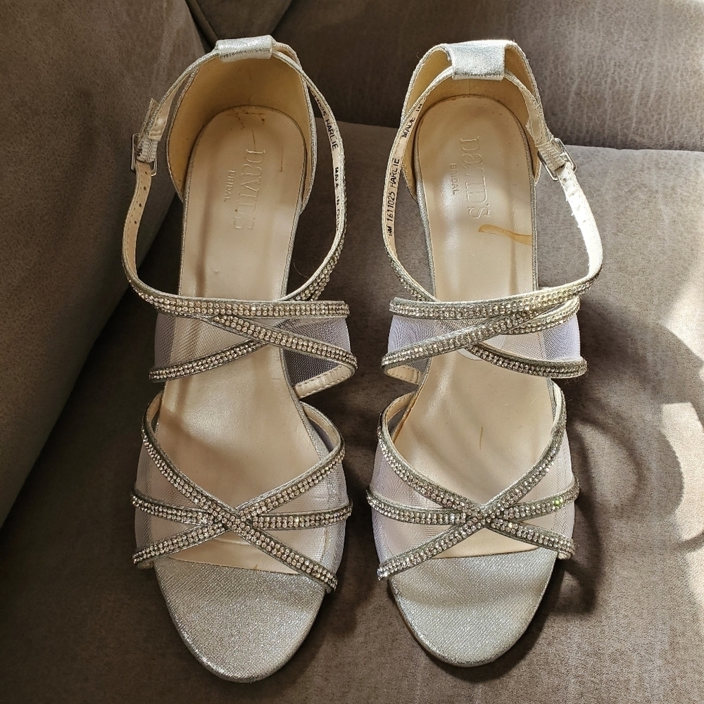David's Bridal Harlie Silver Strappy Wedge with Mesh Panels, 9
